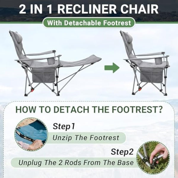 #WEJOY Camping Chairs Folding Recliner Chair Adjustable with Detachable Footrest Headrest Cup Holder Lightweight Portable Padded Reclining Camp Chair Fold Up Chair for Beach Garden,Grey Set of 2