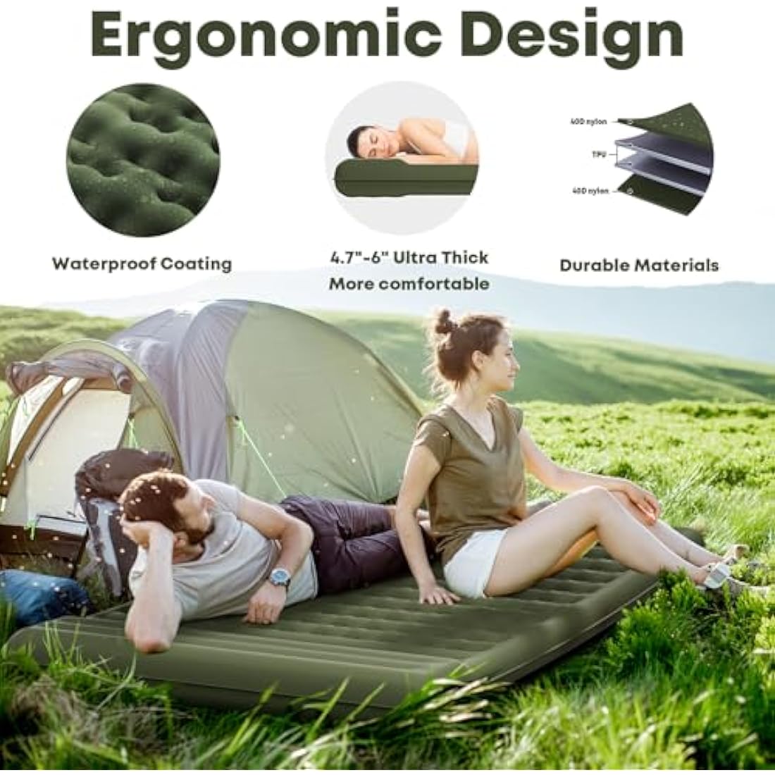 MAMBAKOTR Camping Air Bed 12-15CM Extra Thick, Reinforced Support Structure with Built-in Foot Pump and Pillow Portable Camping Sleeping Mat Air Mattress for Tent Backpacking Hiking Travel