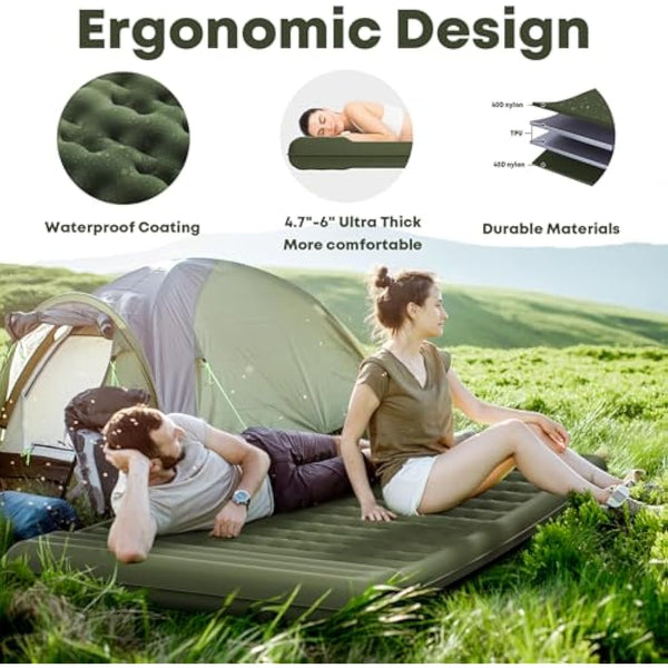 MAMBAKOTR Camping Air Bed 12-15CM Extra Thick, Reinforced Support Structure with Built-in Foot Pump and Pillow Portable Camping Sleeping Mat Air Mattress for Tent Backpacking Hiking Travel