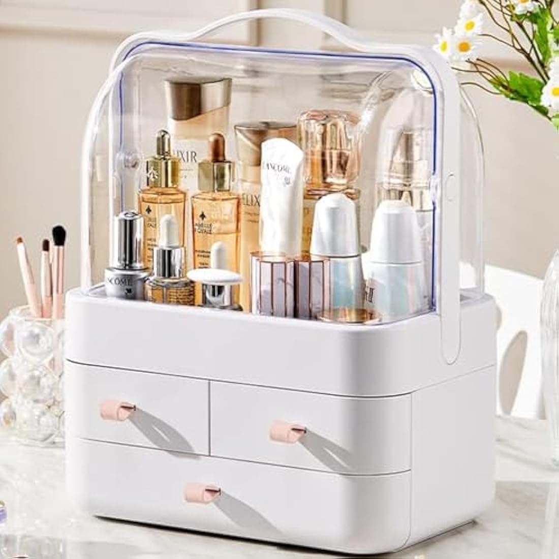 RMAN® Makeup Organiser with Drawers Cosmetics Organiser with Carry Handle Large Perfume and Skincare Organiser for Dresser, Bathroom, Bedroom, Waterproof and Dustproof - Pink