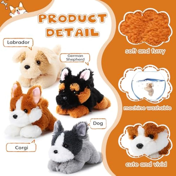 4 Pack 8 Inch Dog Plush Stuffed Animal Soft Fluffy Puppy Pillow Set Dog Theme Party Favor Contains Corgi Schnauzer Golden Retriever German Shepherd Toy Gift for Kids Birthday Baby Room Home Decor