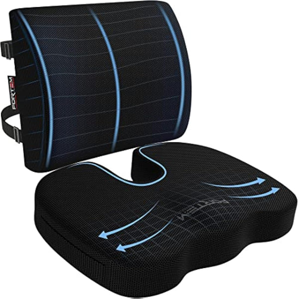 FORTEM Office Chair Cushion and Back Support for Office Chair, Lumbar Support Pillow, Memory Foam, Non Slip Sitting and Back Rest for Gaming, Car Seat Cushion, Chair Pad
