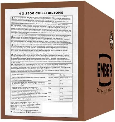 Ember Snacks: Biltong Beef Jerky Chilli Flavour (4 x 250g) 1kg total - Protein Keto Snacks, Bulk Bags - Resealable for On The Go Snack