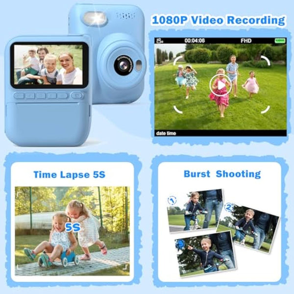 Hangrui Kids Camera Instant Print,3.0'' 1080P Kids Instant Print Camera with 32G Card,3 Rolls Printing Paper and 5 Color Pens, Gift Toy for Girls Boys 3-12 Years Old -Blue