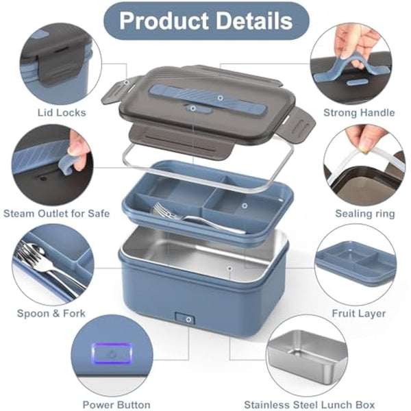 Herrfilk 100W Electric Lunch Box Adults, 1.8L Thermal Lunch Box with Compartments, Heated Lunchbox with 230V Home/Office & 12V 24V Car/Truck Cables, Insulated Lunch Bag, Spoon and Fork, Dark Blue