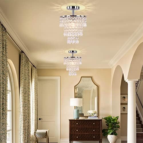 FRIXCHUR Modern Crystal Chandelier Ceiling Light Fitting Hallway Lights Ceiling Light 3 Tiers Crystal Raindrop Chandelier for Bedroom Living Room Dining Room (Chrome)