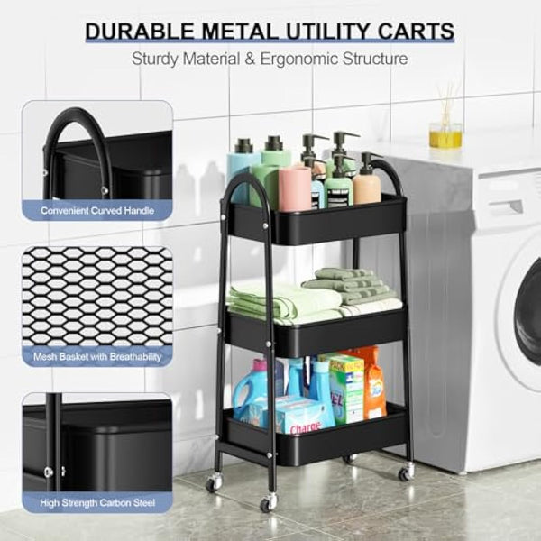 EAGMAK 3 Tier Metal Storage Trolley, Utility Rolling Cart with Handle and Lockable Wheels, Multifunctional Storage Organizer Trolley with Mesh Baskets for Kitchen, Living Room, Office, Garage (Black)