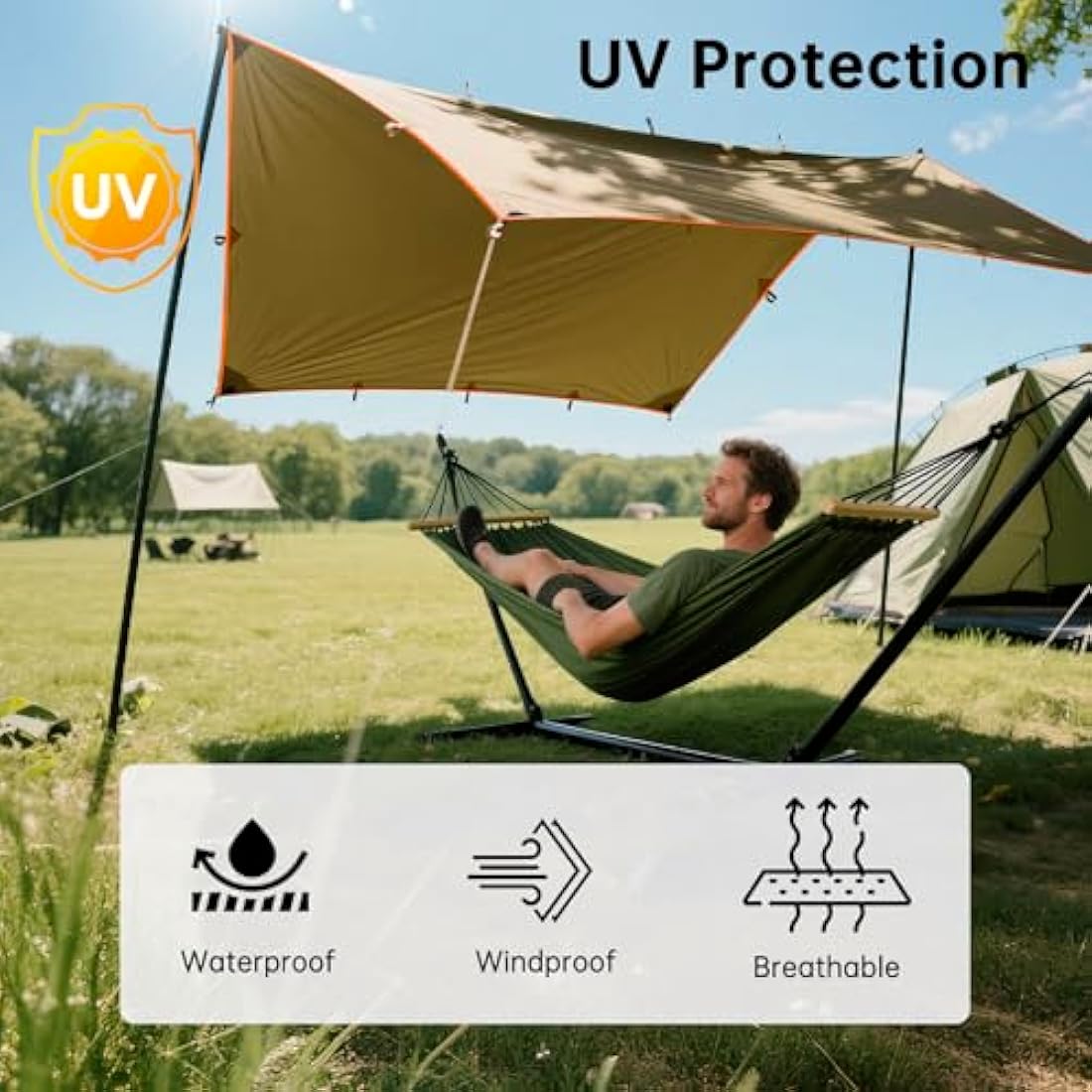 FREE SOLDIER Camping Tarp Waterproof 3m x 3.2m Large Hammock Tent Tarp Portable Tarpaulin Anti-UV Shelter Sun Block Sunshade Awning for Camping Hiking Traveling Outdoor Sports (Brown with Nails)