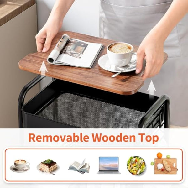 KINGRACK 3 Tier Metal Storage Trolley on Wheels with Removeable Wooden Worktop Trap Table Cover, Beauty Book Craft Tea Art Trolley for Home Bathroom Kitchen Laundry, No screws needed Easy