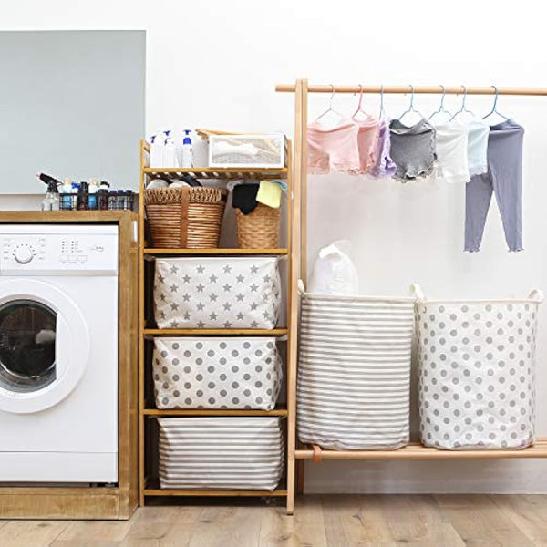 Sea Team 19.7 Inch Large Sized Waterproof Coating Ramie Cotton Fabric Folding Laundry Hamper Bucket Cylindric Burlap Canvas Storage Basket with Stylish Grey Stripe Design