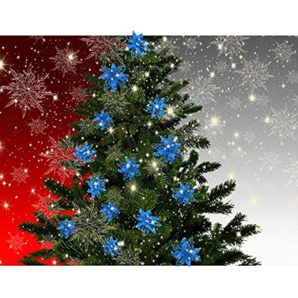 24 Pieces Christmas Glitter Artificial Poinsettia Flowers Christmas Flowers Decorations Wedding Xmas Tree New Year Ornaments (Blue)