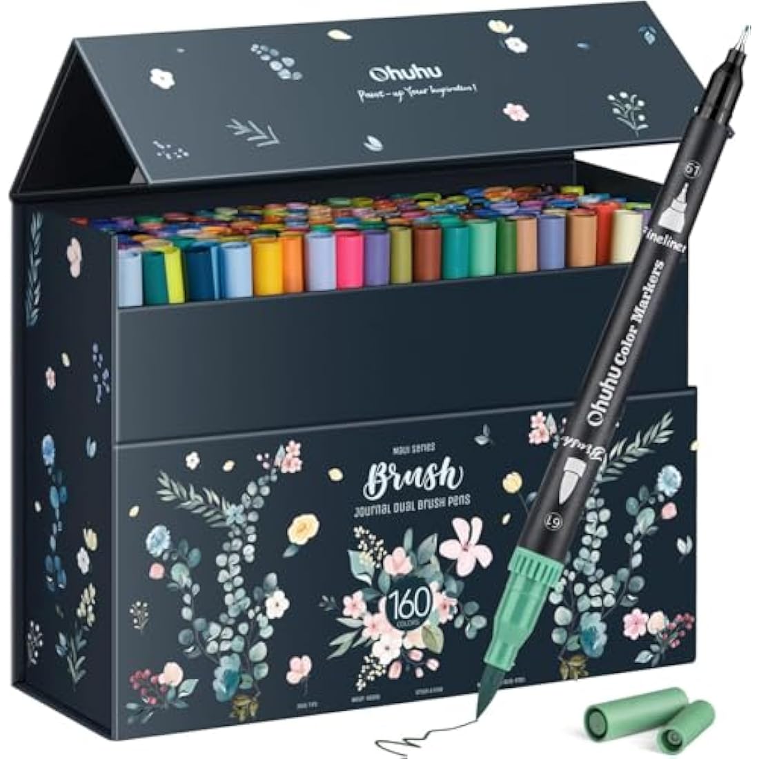 Ohuhu 160 Colouring Pens: Dual Tip Brush Pens Felt Tip Pens Art Markers Set with Fineliner, for Kids Adults Colouring Book Drawing Calligraphy Sketching Journal, Art Gift, Maui - Black
