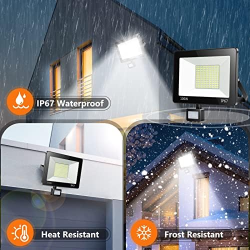 YIQIBRO 100W PIR Security Lights Outdoor Motion Sensor 2 Pack, 10000LM LED Floodlight with PIR, IP67 Waterproof Flood Lights Motion Sensor for Garden, Garage, Patio, Yard