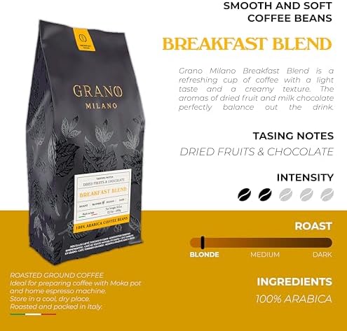 Grano Milano Coffee Beans 1kg Breakfast Blend 100% Arabica, Blonde Roast Intensity 2/5, Made in Italy