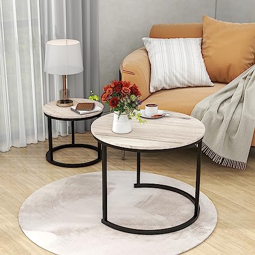 HOJINLINERO Round Coffee Table Nesting Table Set of 2,Small Coffee Table Living Room,Black Metal Frame with Wood Sofa Table,Sturdy and Easy