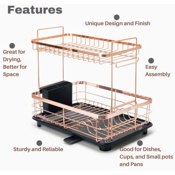 Dish Drying Rack – Rose Gold, 2-Tier Organizer with Dip Tray, Utensil Holder and Large Capacity for Kitchen Countertop