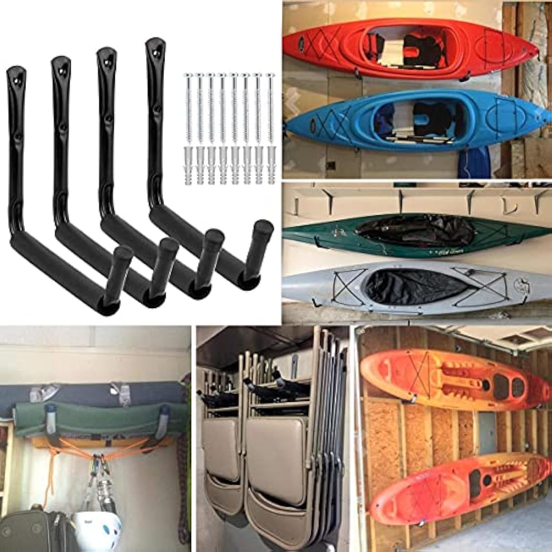 Heavy Duty Garage Storage Hooks, Wall Mounted Utility Hanger Indoor Hanging Rack for Kayak Canoe, Surfboard,Snow Board,Ski Board, Ladder, Folding Chairs, Bicycle and Tools (4 Pack)