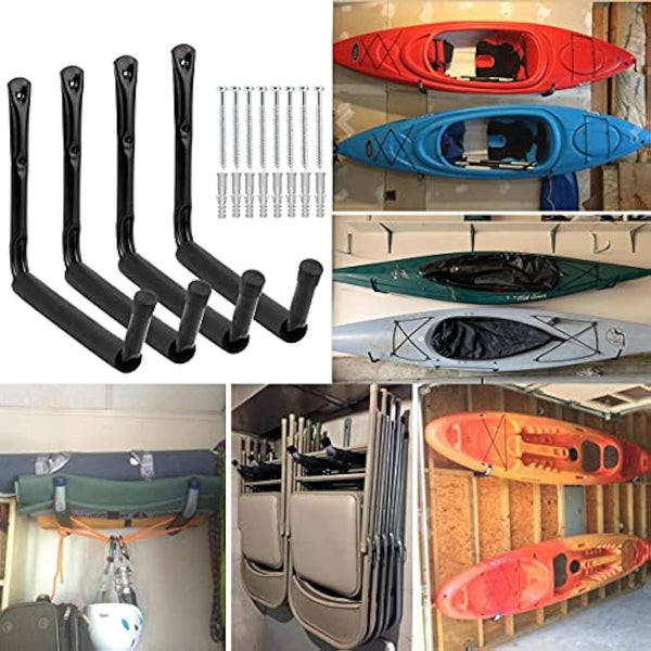 Heavy Duty Garage Storage Hooks, Wall Mounted Utility Hanger Indoor Hanging Rack for Kayak Canoe, Surfboard,Snow Board,Ski Board, Ladder, Folding Chairs, Bicycle and Tools (4 Pack)
