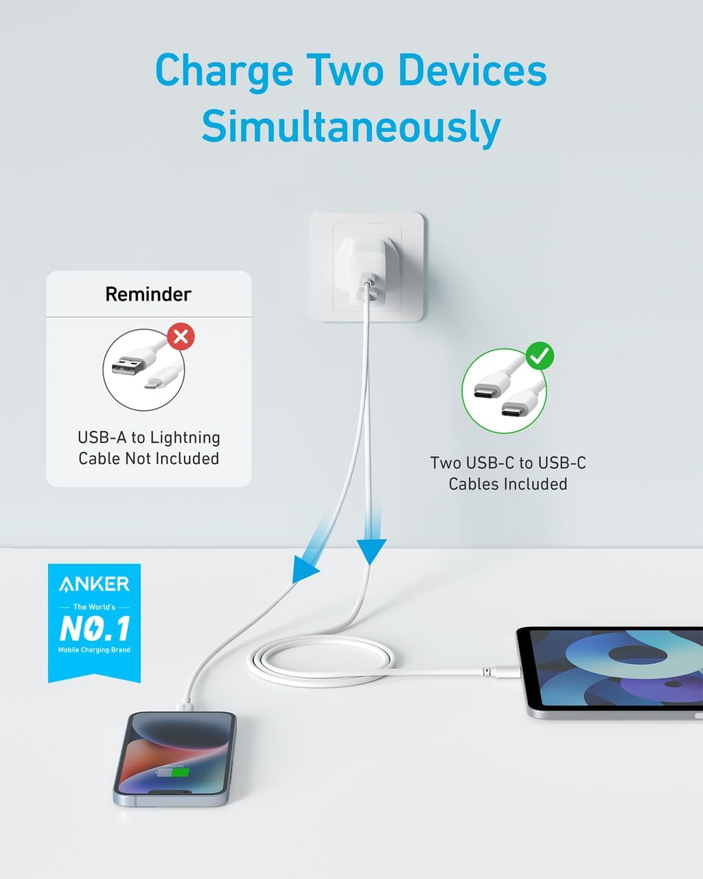 Anker USB C Plug, 2-Pack 20W Dual Port USB Fast Charger Plug, USB C Charger for iPhone 16/16 Pro/16 Pro Max/iphone 15/15 Pro/15 Pro MaxiPad, AirPods, and More (2-Pack 5 ft USB-C Cables Included)