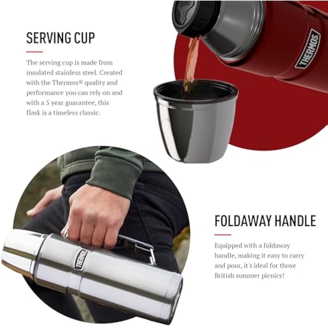 Thermos - Stainless King Red Travel Flask (1.2L) - Premium Leak Proof Insulated Tea & Coffee Flask for Hot & Cold Drinks, Built-in Cup, Twist-Pour Stopper, BPA-Free, Durable Steel, Dishwasher Safe