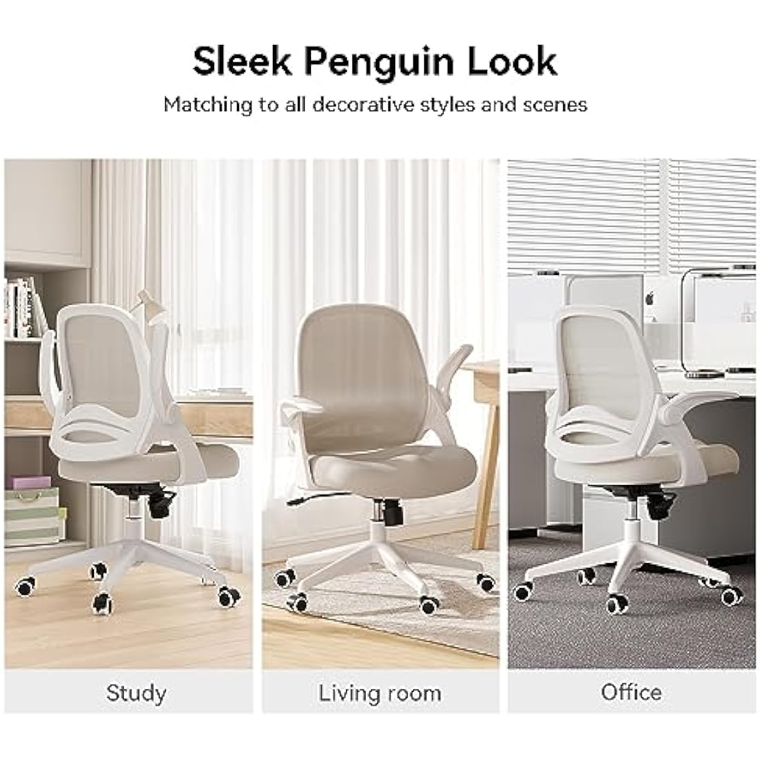 Hbada Ergonomic Office Chair with Folding Armrest, Canvas Office Chair, 360° Swivel, Grey