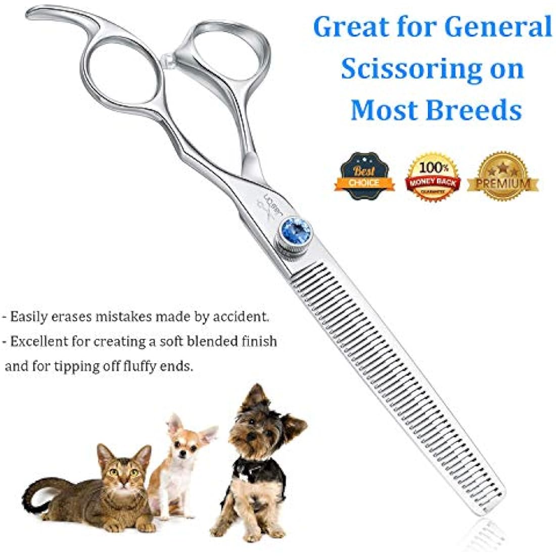 JASON 7" 50 Teeth Thinning Dog Grooming Scissor Ergonomic Pet Grooming Thinning Shears Blender Dog Cat Trimming Texturizing Kit 30% Thinning Rate