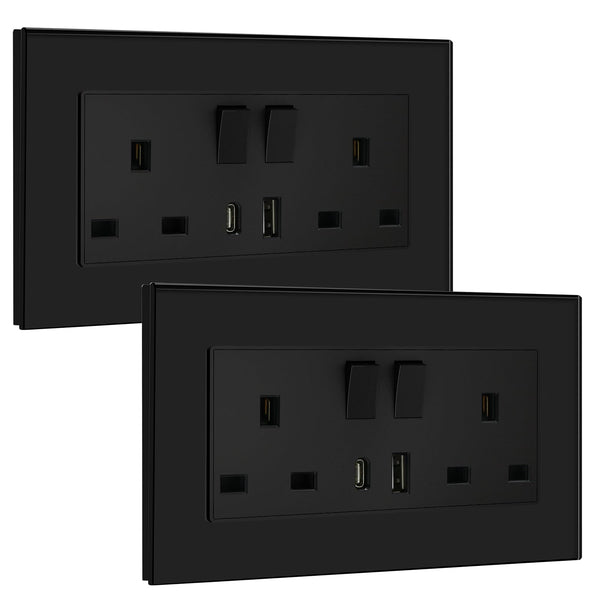 BSEED Double Socket 13A with LED Indicator, Double Switched Wall Socket 2 Gang UK Standard, Electric Switched Plug Power Wall Outlet with Glass Panel, Grey