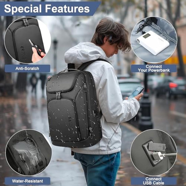 HEROIC KNIGHT Travel Laptop Backpack, 17.3 Inch Business Laptop Rucksack Bag With USB Charging Port, Water Resistant Carry on Backpack, Anti-Theft Computer Work Bag for Men Women-Black