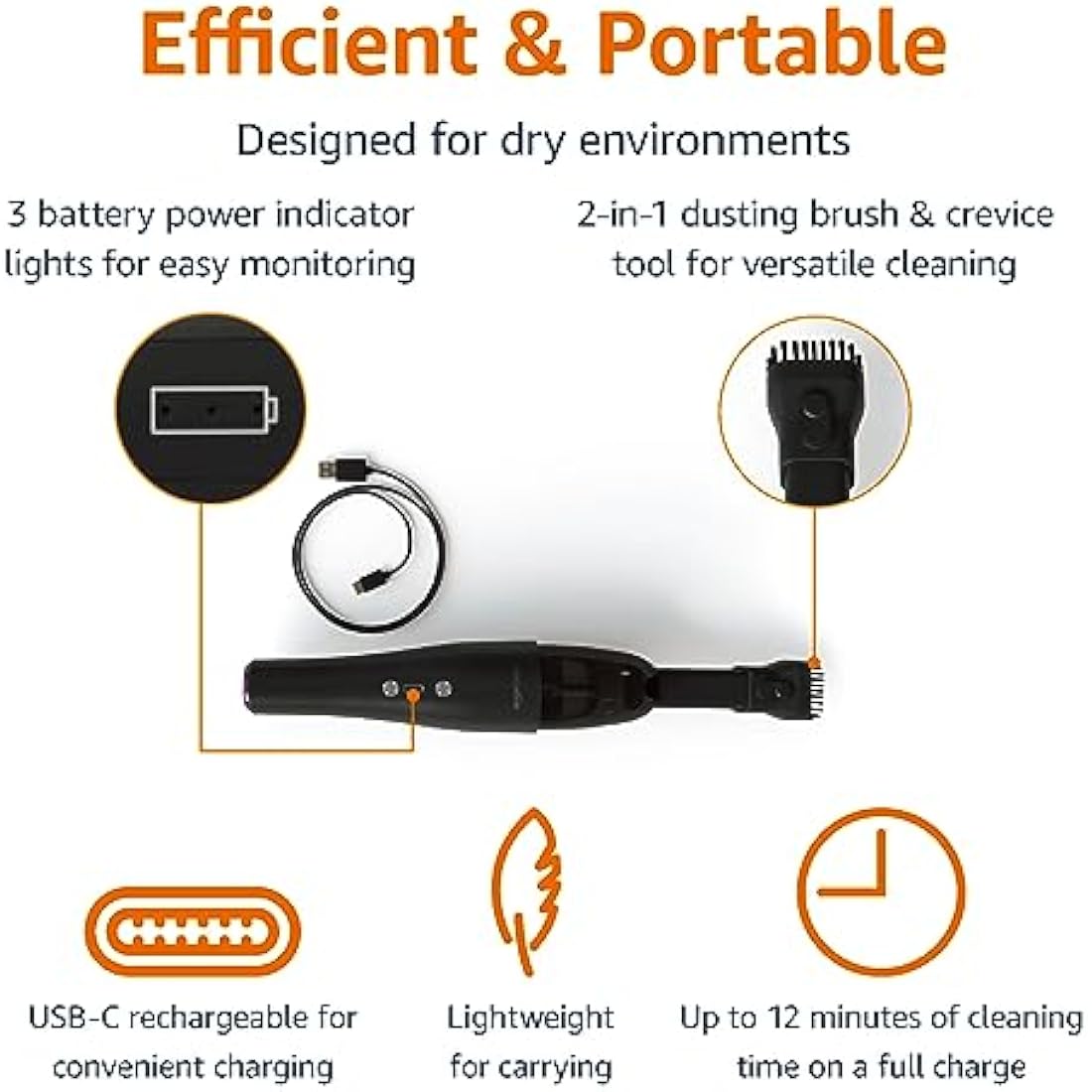 Amazon Basics Cordless Handheld Vacuum, USB Chargeable, Black