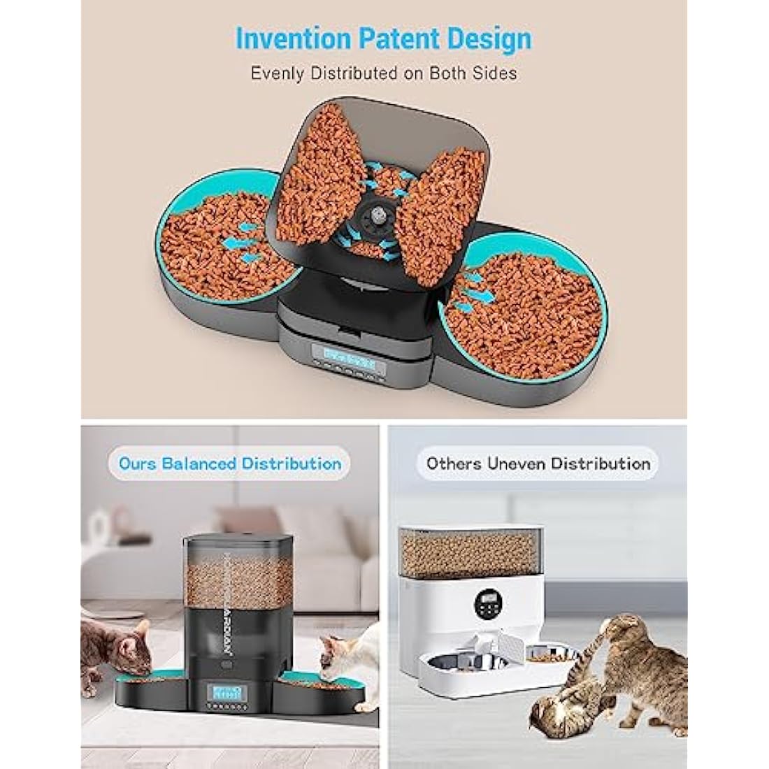 HoneyGuaridan Automatic Cat Feeder for 2 Cats, Equally Distributed Cat Feeder Timer Dispenser with Slow Feeder Bowls, 4-stage Seal Lock Fresh, Up to 6 Meals a Day - for Multi-Cats & Dogs