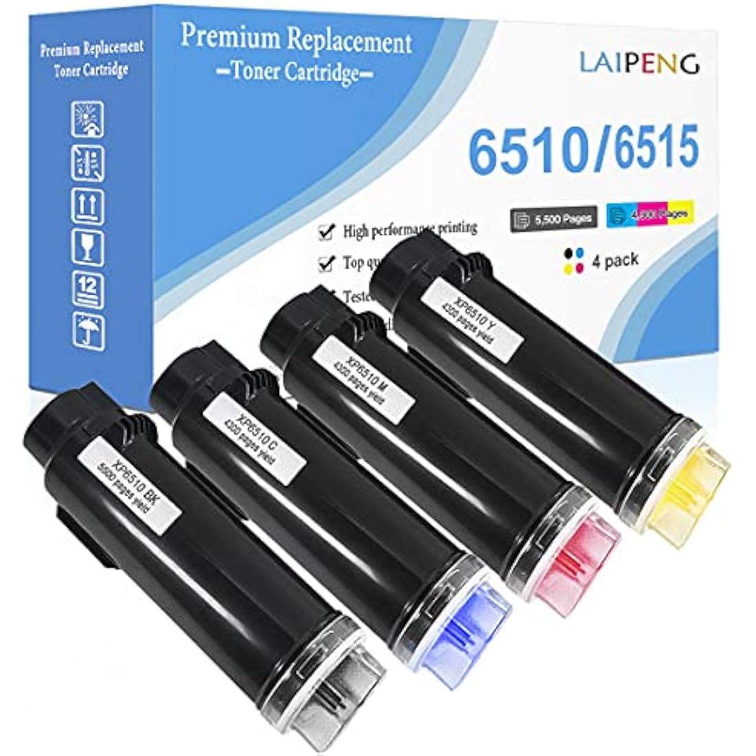 4 Colors Compatible Toner Cartridges Extra High Capacity 5500 Pages for BK 4300 Pages for C M Y for Xerox Phaser 6510 6510n 6510dn 6510dni, WorkCentre 6515 6515n 6515dn 6515dni