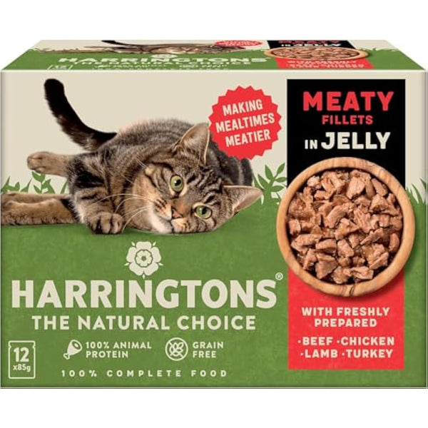 Harringtons Complete Wet Pouch Grain Free Hypoallergenic Adult Cat Food Meaty in Jelly Pack 72x85g - Beef, Chicken, Lamb & Turkey - Making Mealtimes Meatier