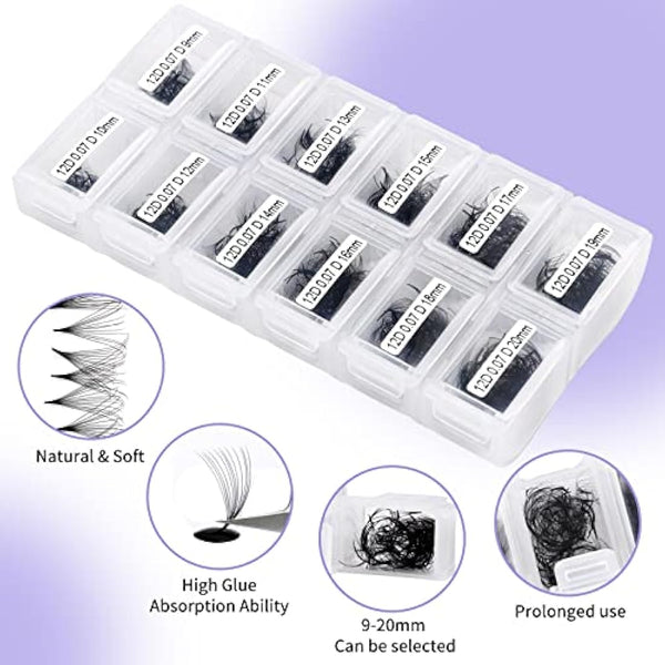 12D Premade Fans Eyelash Extensions 1200PCS Pre Made Fans Lashes 0.07mm C Curl Mixed Tray 9-20mm Handmade Loose Volume Lash Extension Premade Lash Fans (1200-12D-0.07-C-920)