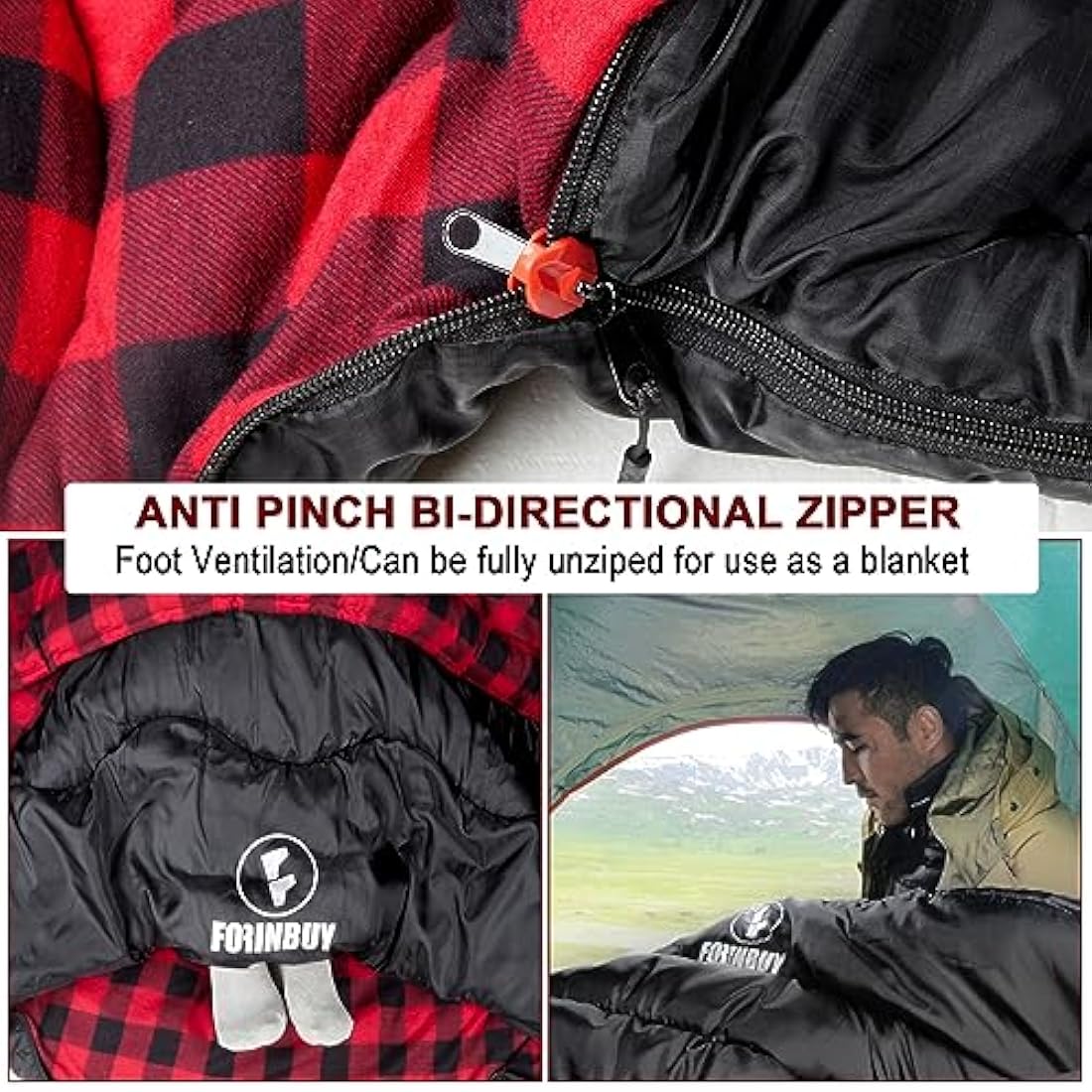 FORINBUY Winter Cotton Flannel Double Sleeping Bag for Adults - 0 degree Queen Size 2 Person Sleeping Bag, Waterproof & Warm for Cold Weather, Ideal for Couples, Family Camping & RV Travel