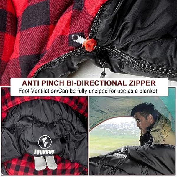 FORINBUY Winter Cotton Flannel Double Sleeping Bag for Adults - 0 degree Queen Size 2 Person Sleeping Bag, Waterproof & Warm for Cold Weather, Ideal for Couples, Family Camping & RV Travel