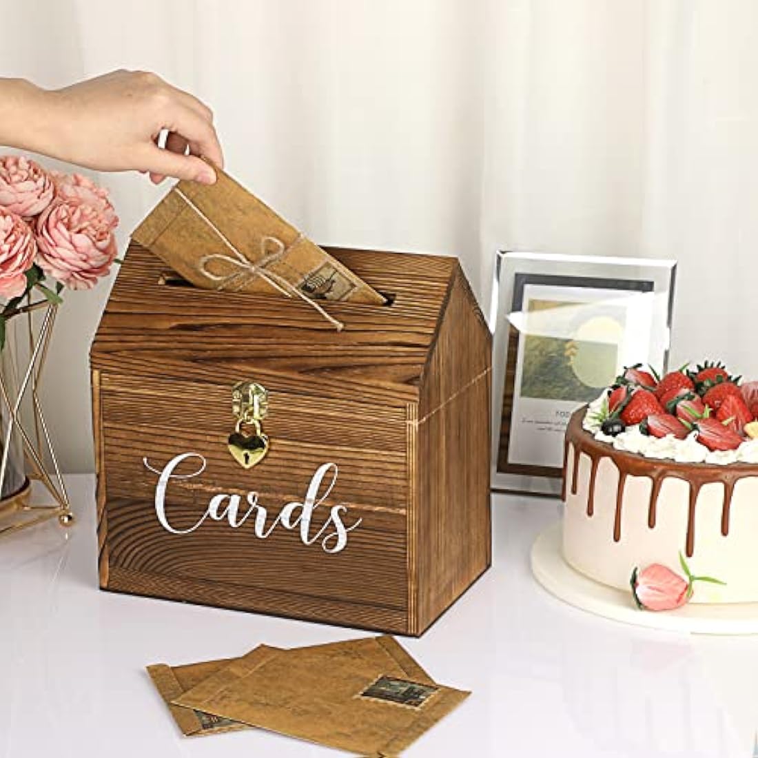 SUMNACON Wood Wedding Card Box with Heart Lock, Roof Type Birthday Card Organizer Holder Vintage Envelope Box for Wedding Birthday Party Reception (Vintage Wood)