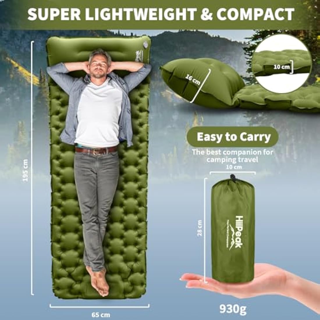 HiiPeak Camping Sleeping Pad, Ultralight Camping Mat with Pillow Built-in Foot Pump Inflatable Sleeping Pads Compact for Backpacking Hiking Traveling Tent (Green)