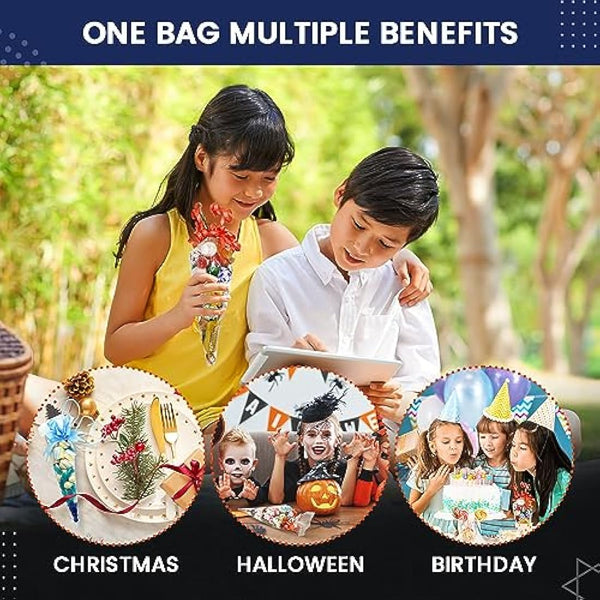 14x26cm Sweet Cone Bags with Twist Ties and Ribbons, 100Pcs Cellophane Crystal Clear Sweet bags, Triangle Sweet Party Cones Bags Perfect for Halloween, Christmas, Candies and many more