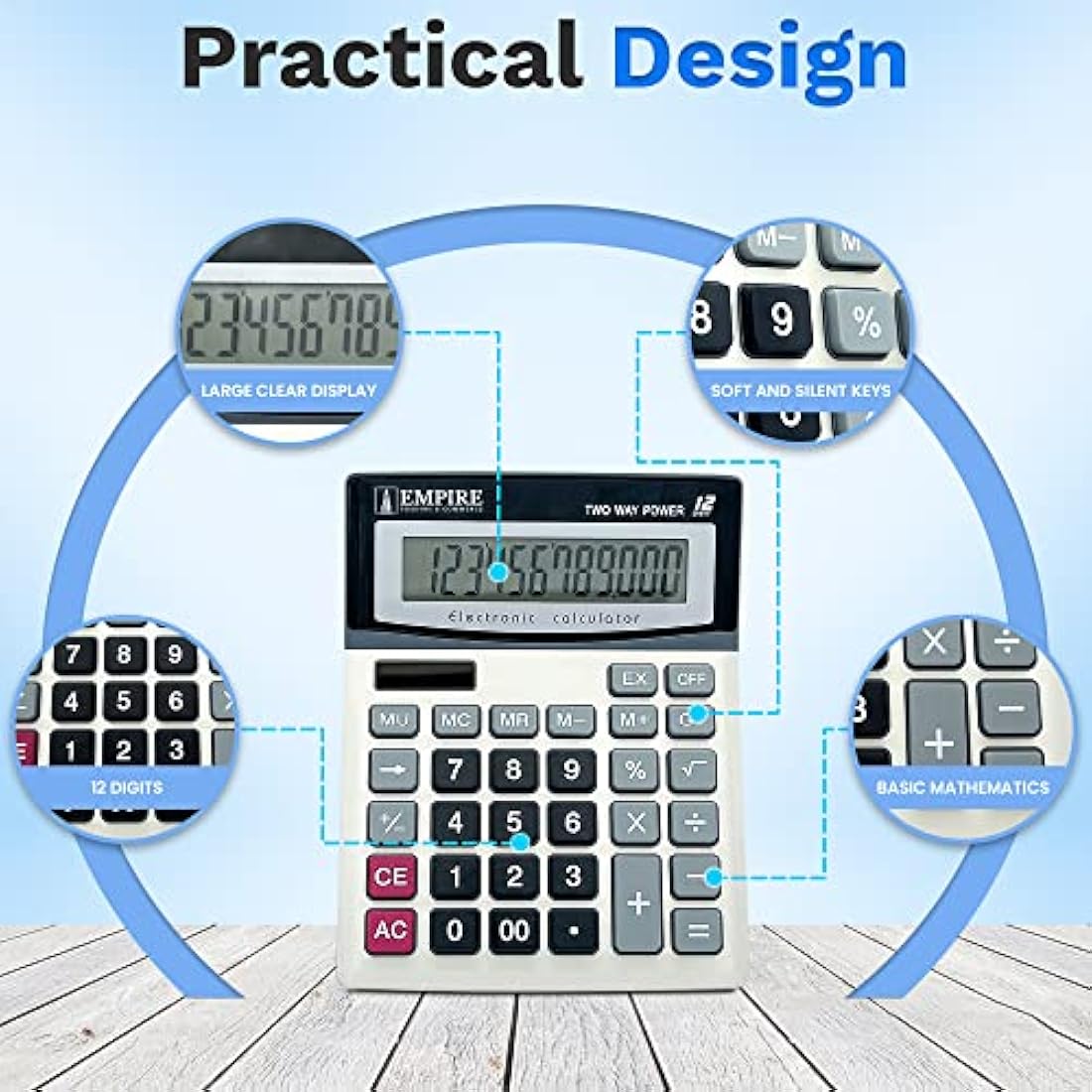 Empire Desk Calculator with Large Key Buttons, 12 Digits, Large Eye-Angled Display, Solar and Battery Powered for Home and Office (Included 2 Battery, 2 Pen and 1 Rubber)