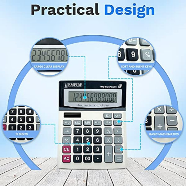 Empire Desk Calculator with Large Key Buttons, 12 Digits, Large Eye-Angled Display, Solar and Battery Powered for Home and Office (Included 2 Battery, 2 Pen and 1 Rubber)