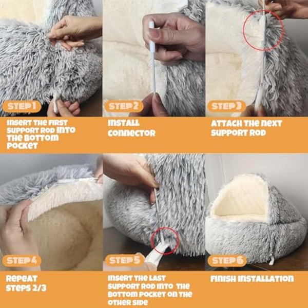 SUOXU Hooded with Supports Dog Bed,Deluxe Plush Dog Cave Bed for Medium Small Dogs, Warming Cozy Soft Faux Fur Donut Calming Anti-Anxiety Pet Bed,Removable Washable Cover and Anti Slip (Grey)