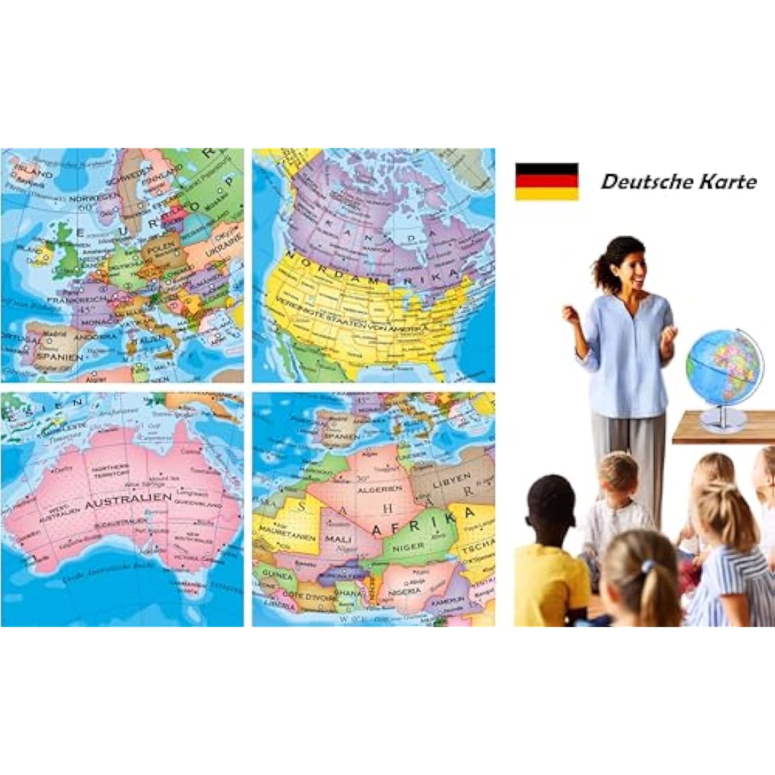 Exerz 23 cm Illuminated Globe Metal Base – German Map – Student Globe with Cable Free LED Lighting On – Political Map (Time of Day) – Constellation Stars (Night)