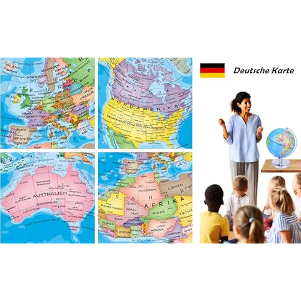 Exerz 23 cm Illuminated Globe Metal Base – German Map – Student Globe with Cable Free LED Lighting On – Political Map (Time of Day) – Constellation Stars (Night)