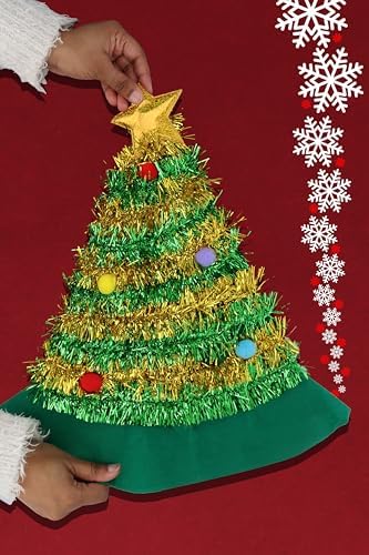 HENBRANDT Adult Christmas Tree Hat with Tinsel and Gold Star Topper 43cm | 17inch Christmas Holiday Party Headwear Fun Gift Xmas Fancy Dress Costume Accessory Novelty Hats for Men and Women