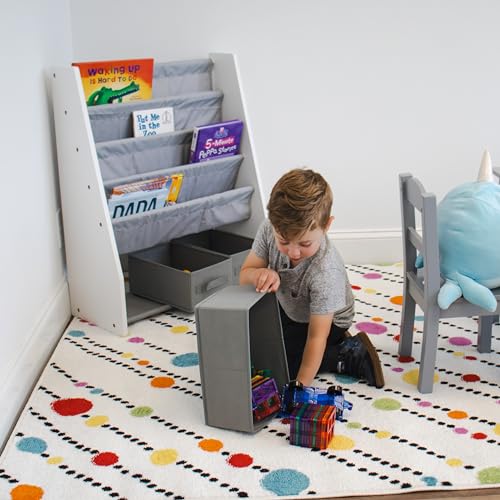 Humble Crew Inspire Wooden Bookshelf for Children, 4 Tier Book Storage Shelf with Deep Fabric Pockets, 3 Collapsable Bin Organisers, Forward Facing