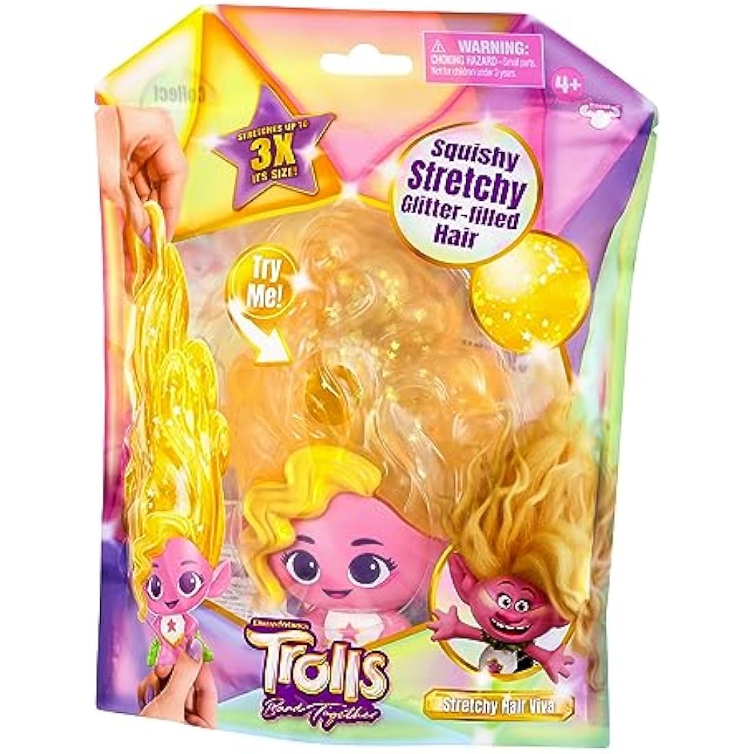 DREAMWORKS TROLLS Jelli Crush Band Together Squishy, Stretchy Glitter-Filled Hair Doll - Stretchy Hair Viva