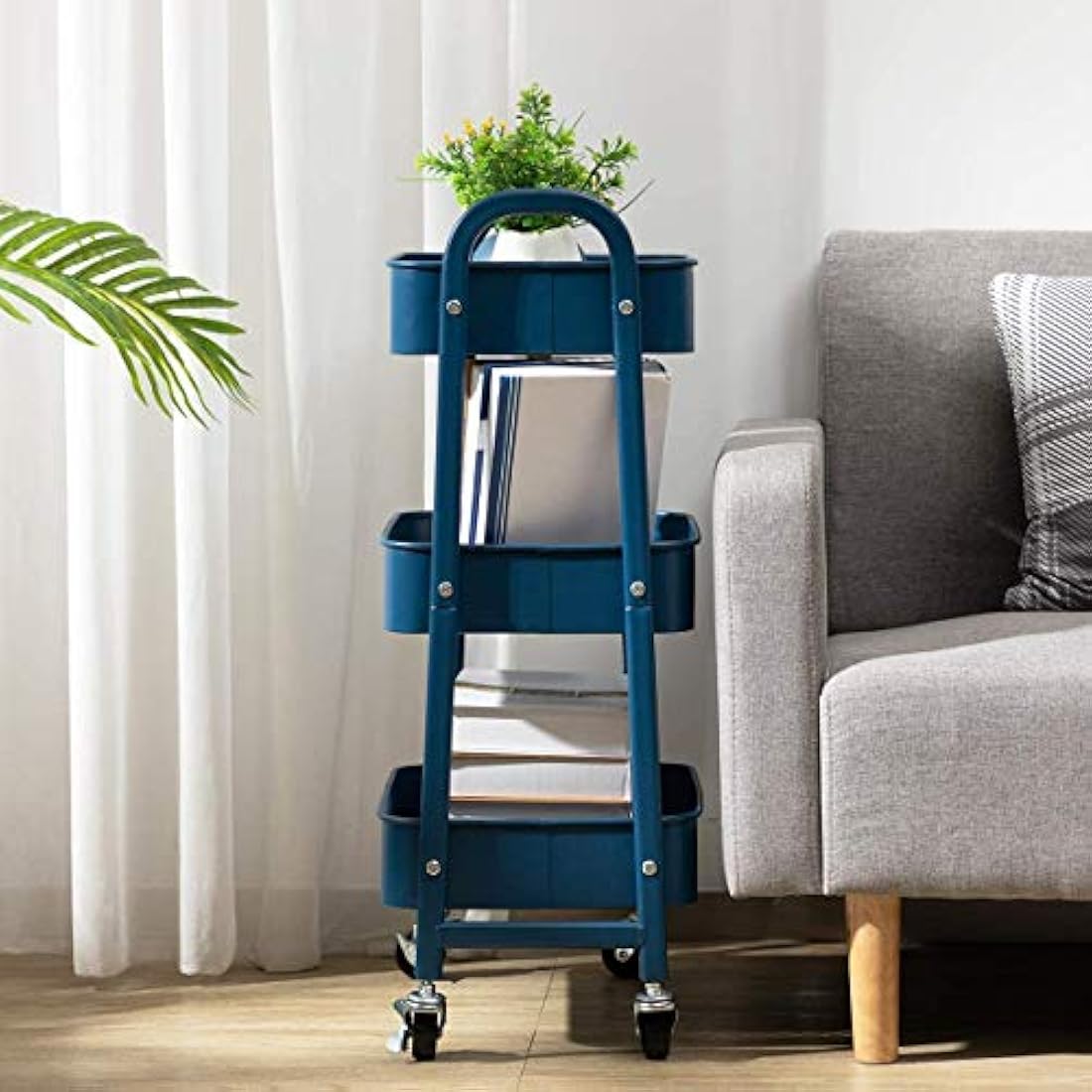 DOEWORKS 3-Tier Storage Trolley on Wheels Metal Storage Cart Rolling Kitchen Trolley Craft Trolleys Beauty Trolleys Utility Cart for Books Bedroom Bathroom Office, Navy Blue