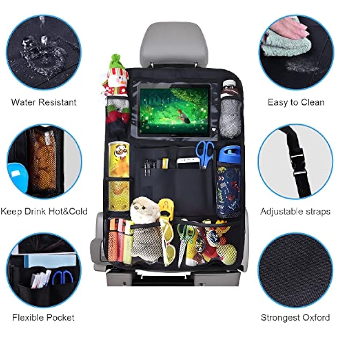 AiQInu Car Back Protector and Organiser, Waterproof Oxford Cloth Car Seat Organiser with Lots of Storage Space, Children (2 Pieces)