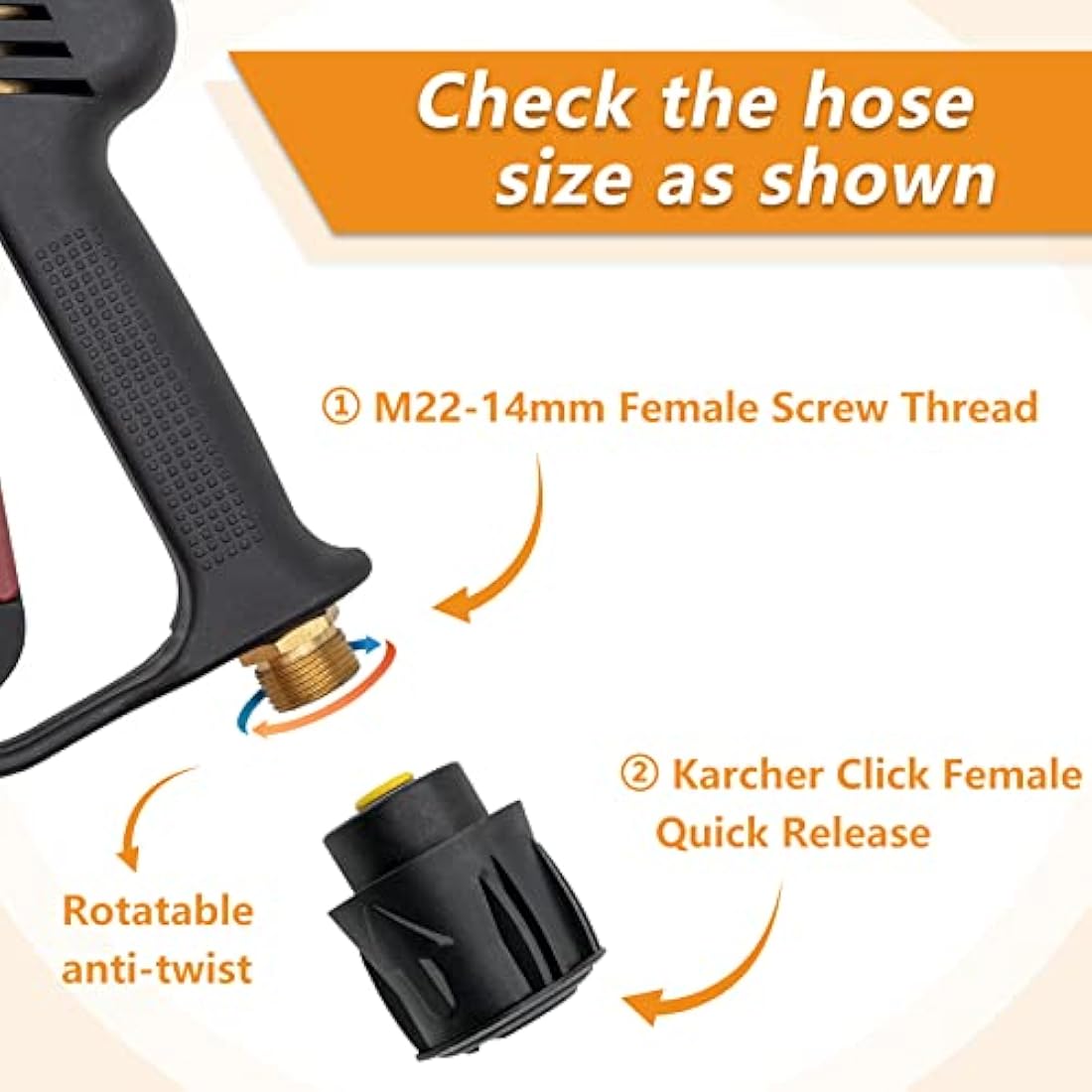 Fai Top 4000PSI High Pressure Washer Gun with 5 Water Nozzle Tip, Cleaner Gun Car Wash Water Gun for Car Cleaning (M22 14MM Hose Connector & karcher Quick Connector)