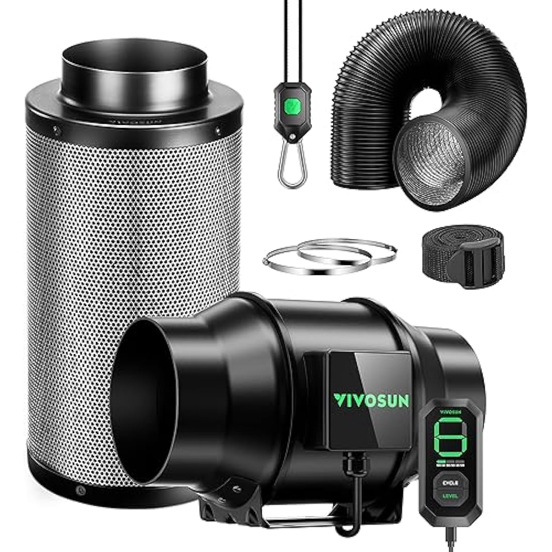 VIVOSUN Duct Fan 150 mm Extractor Fan 660 m³/h with E12 Speed Control Carbon Filter & 240 cm Air Duct AeroZesh G6 Exhaust Set Cooling and Ventilation System for Grow Tent